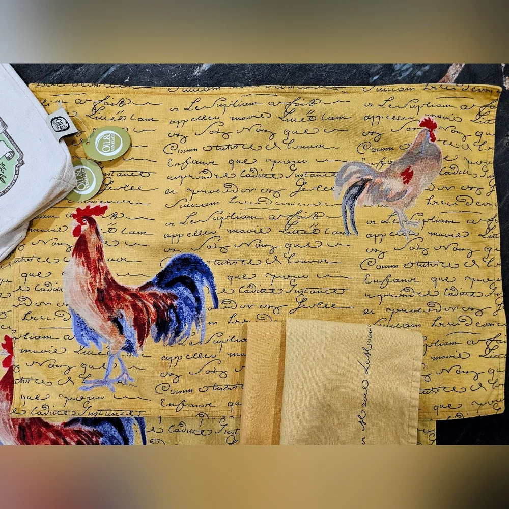 WILLIAMS SONOMA 6 piece set Rooster placemats napkins olive oil gift bag yellow